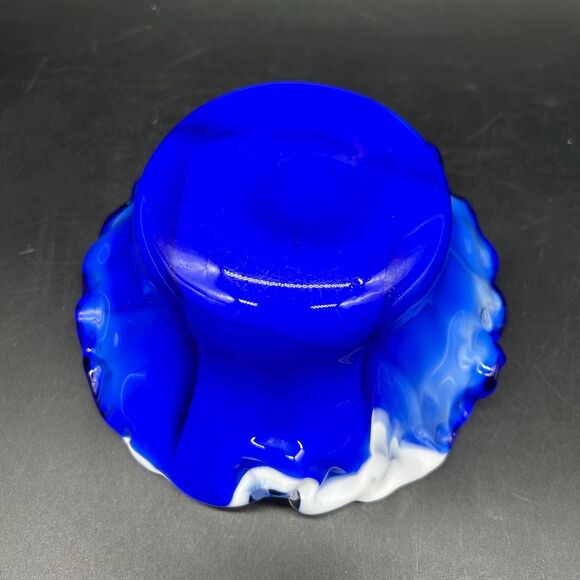 Vintage Cobalt Blue and White Slag Glass Ruffled Edge Bowl 6” - Picture 5 of 6